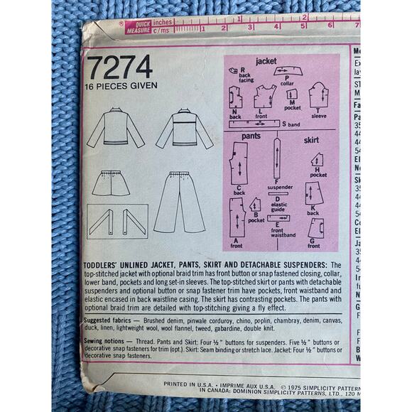 Simplicity 7274 pattern toddler jacket skirt pant suspenders 1970s size 3 - Picture 4 of 5